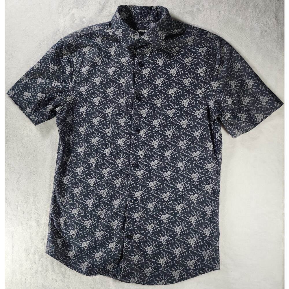 XS Express Men’s Slim Navy Blue Floral Micro Print Button Up Short Sleeve Shirt